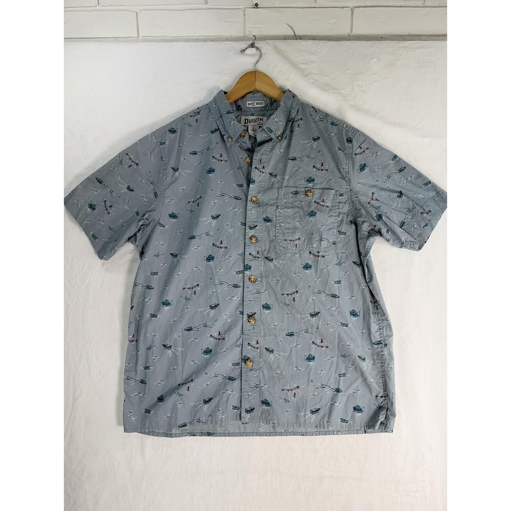 Duluth Trading Co Shirt Mens Large Gray Short Sleeve Untucked Fishing Print